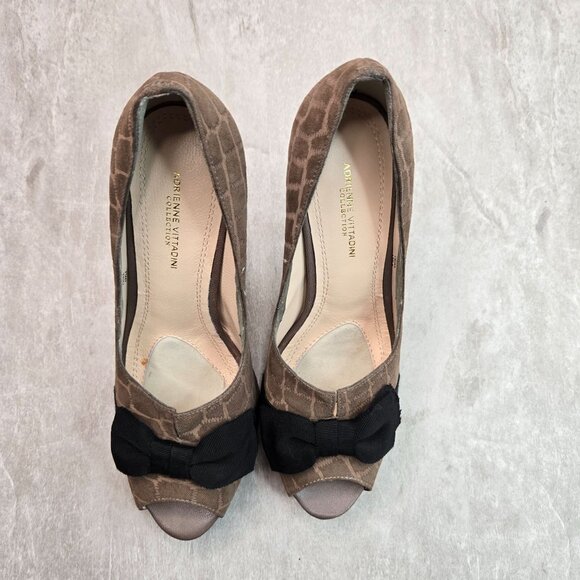 Platform Stiletto High Heels 8.5 Brown Suede Croc Dressy Retro Peep Toe Bow Pump - Picture 2 of 10